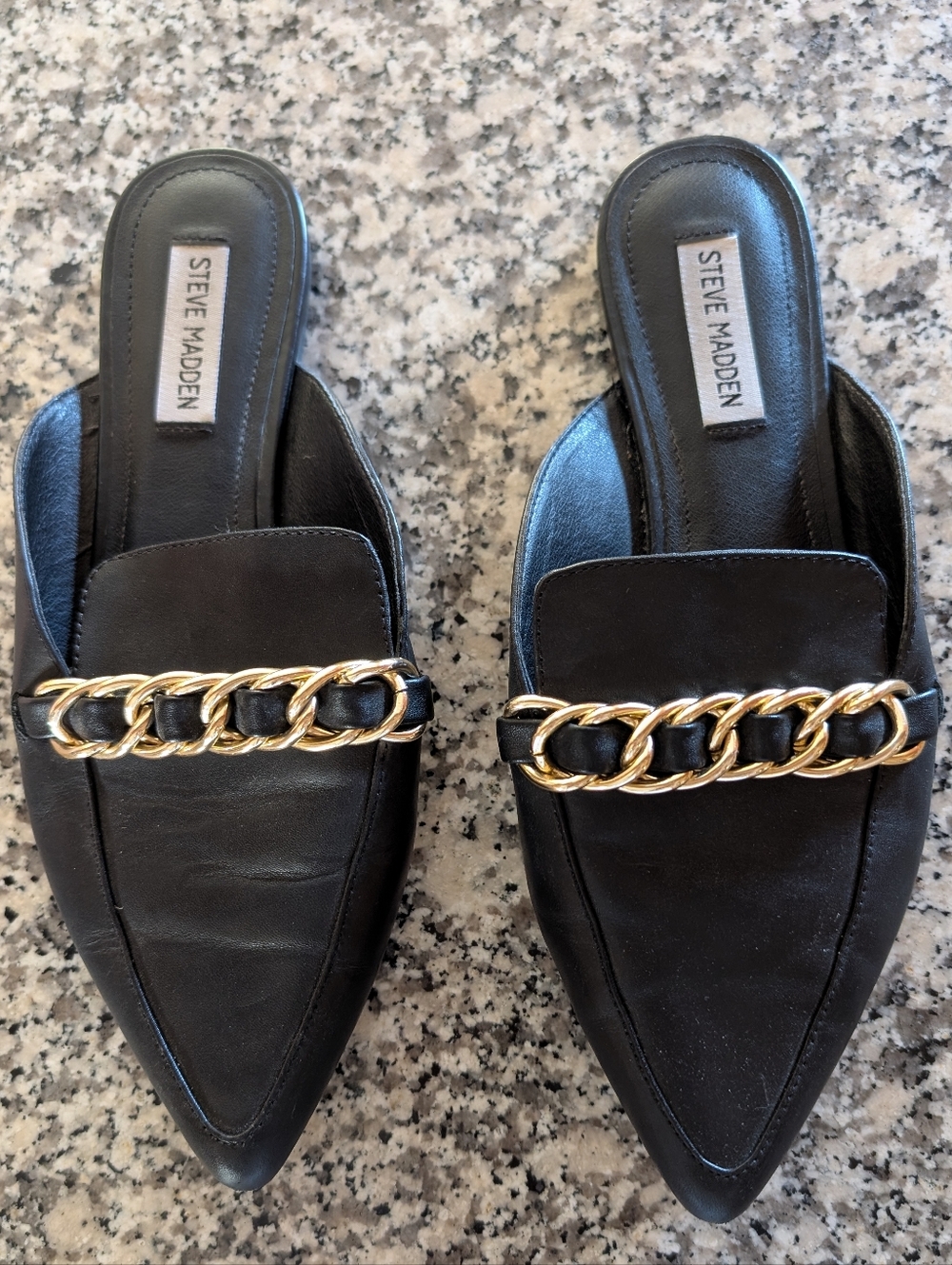 Steve Madden Black Pointed Leather Chain-Trim Mules